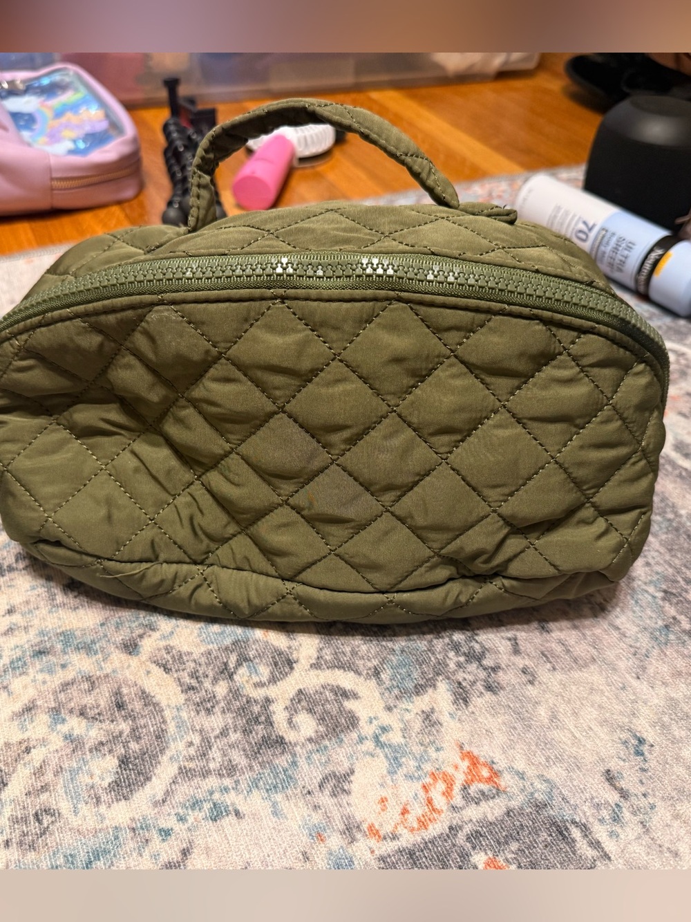 Quilted Olive Green Women's Top-Handle Cosmetic Pouch